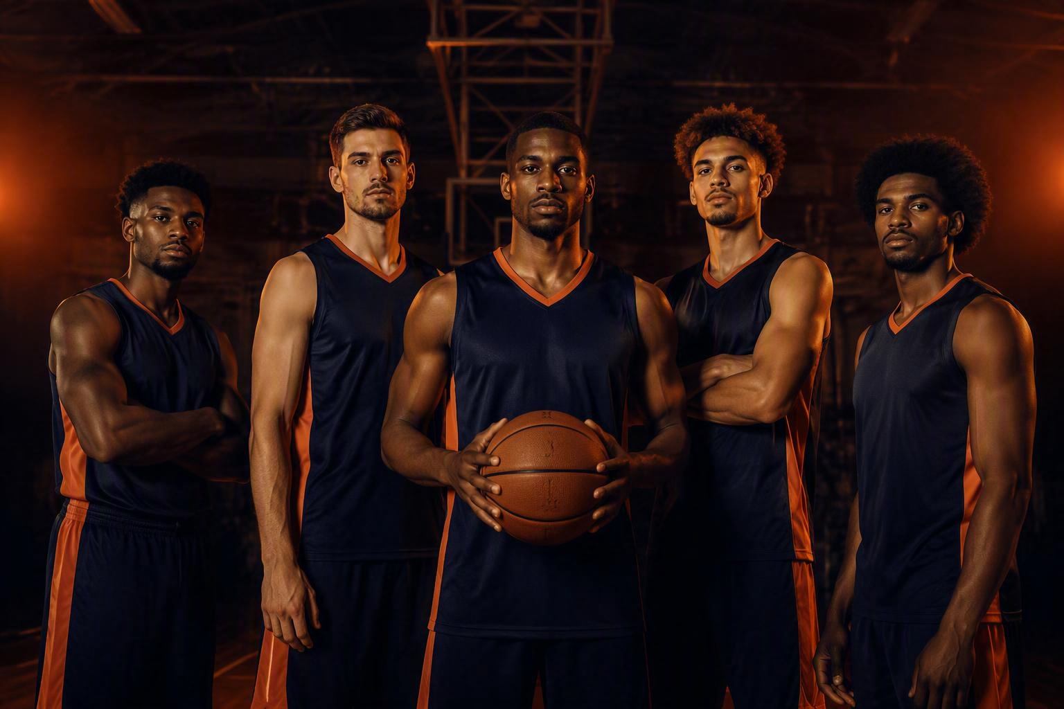 Basketball team in matching CourtKings uniforms standing together in a dim gym