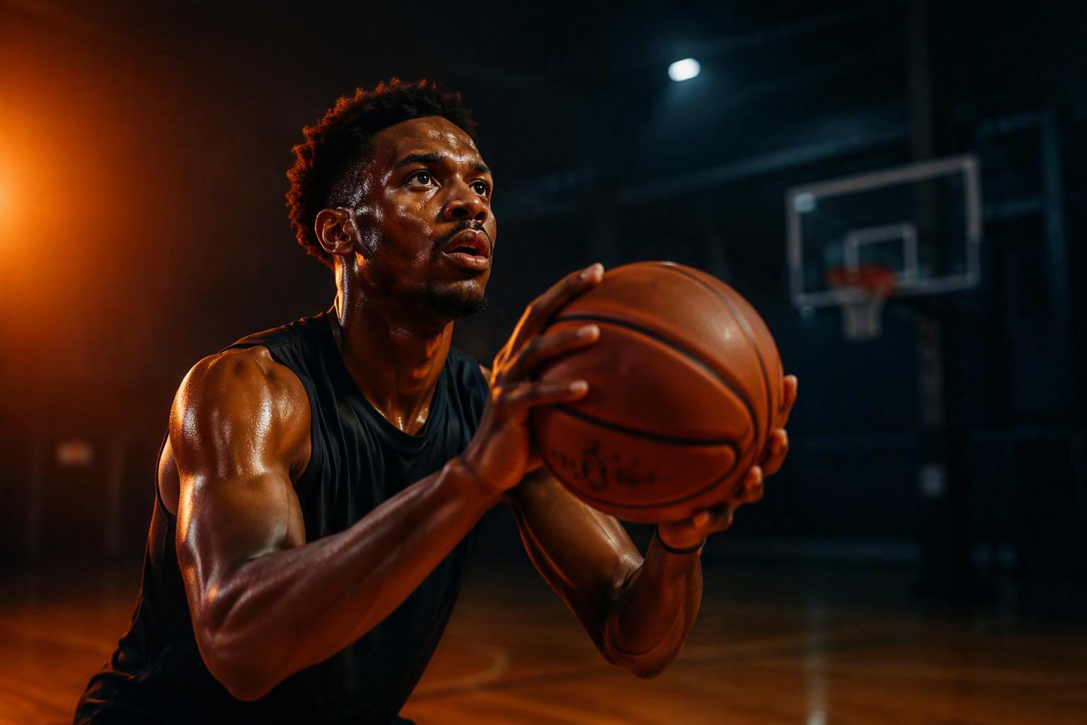 Basketball player practicing shooting drills in a dim indoor gym
